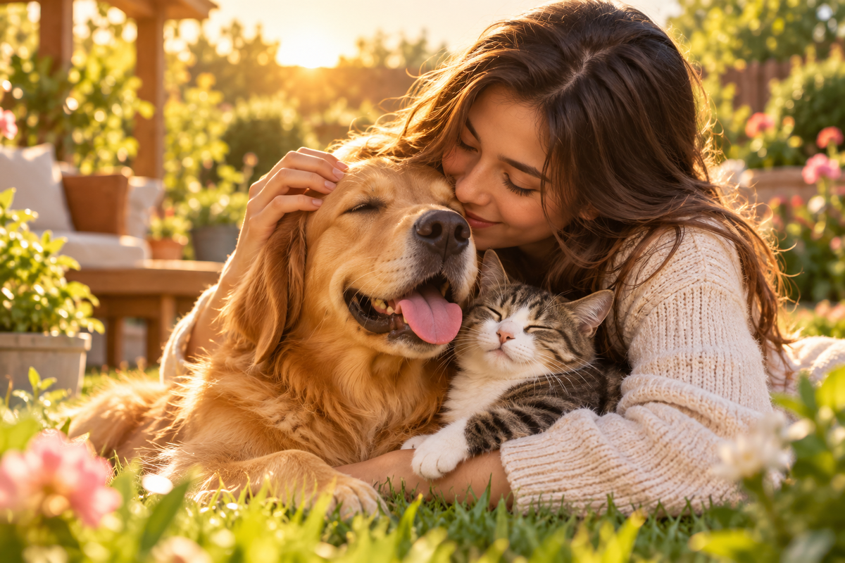 Illustrative scene of a woman cuddling a dog and cat in a garden